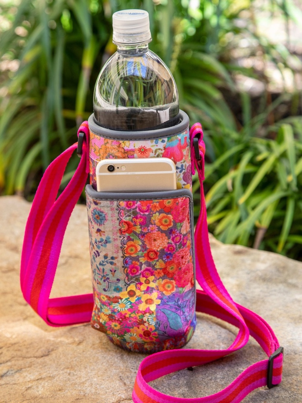 NWT Natural Life Pink Patchwork Insulated Water Bottle Cozy. Carrier Boho Hiking